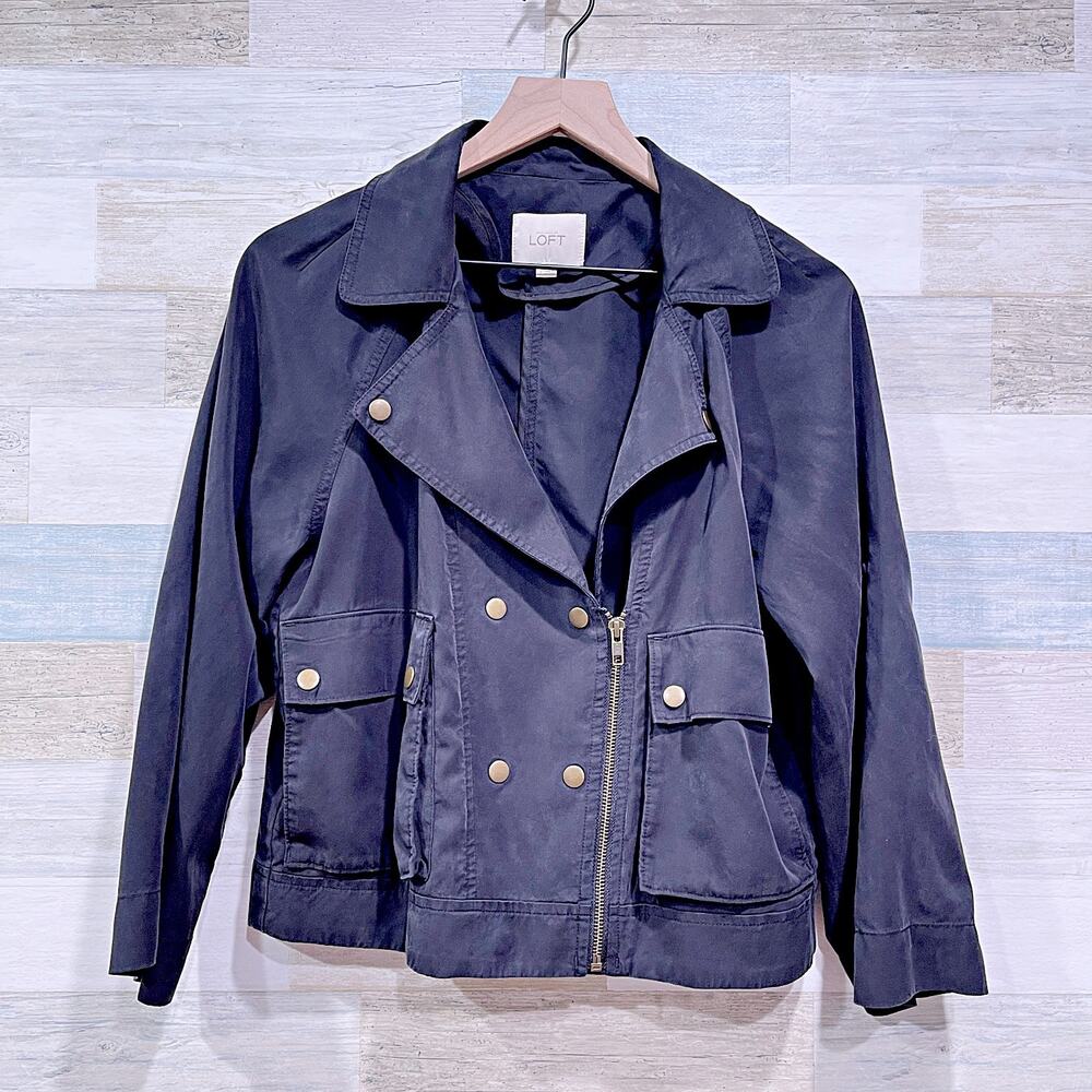 LOFT Double Breasted Moto Utility Jacket Black Lyocell Lightweight Womens Small